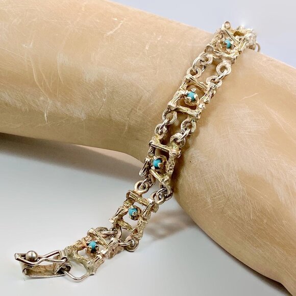 Turquoise Bracelet, Sterling Silver, Brutalist, Modern, Bamboo, Unique, Unusual - Picture 3 of 5